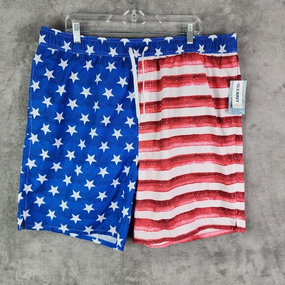 Mens Old Navy American Flag Swim Trunks Blue & Red Stars & Stripes XXL - Picture 2 of 16
